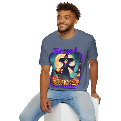 Blessed Samhain Little Witch Purple font Dark colors Unisex T-Shirt by CreepyCrafts.boo