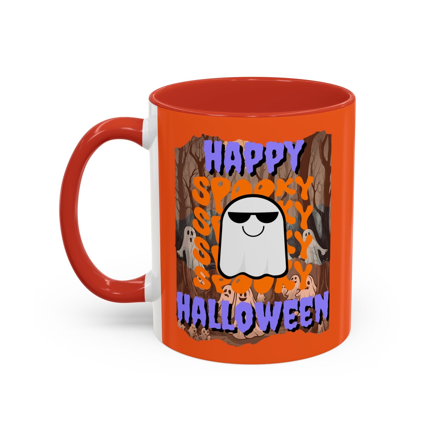 Spooky Happy Halloween Ghost Purple font Orange Accent Mug by CreepyCrafts.boo