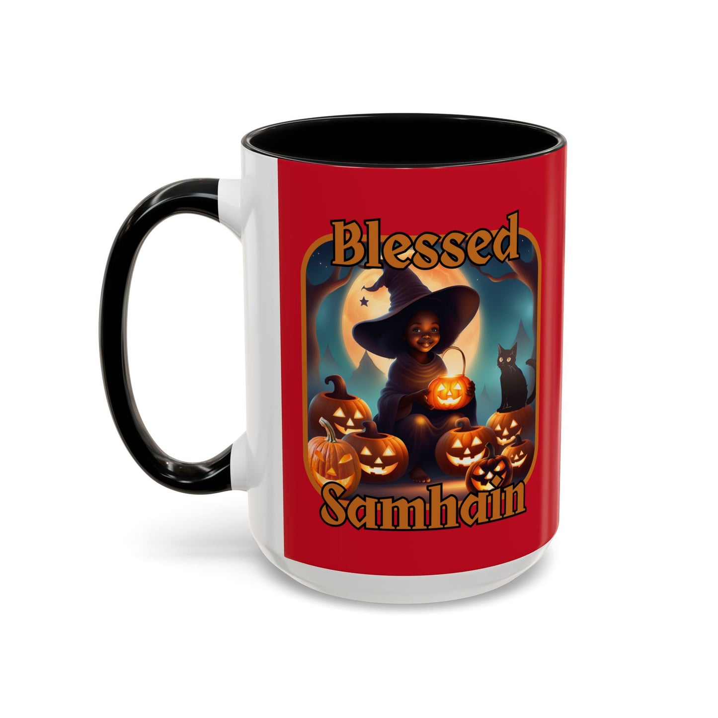 Blessed Samhain Cute Witch Orange font Red Accent Mug by CreepyCrafts.boo