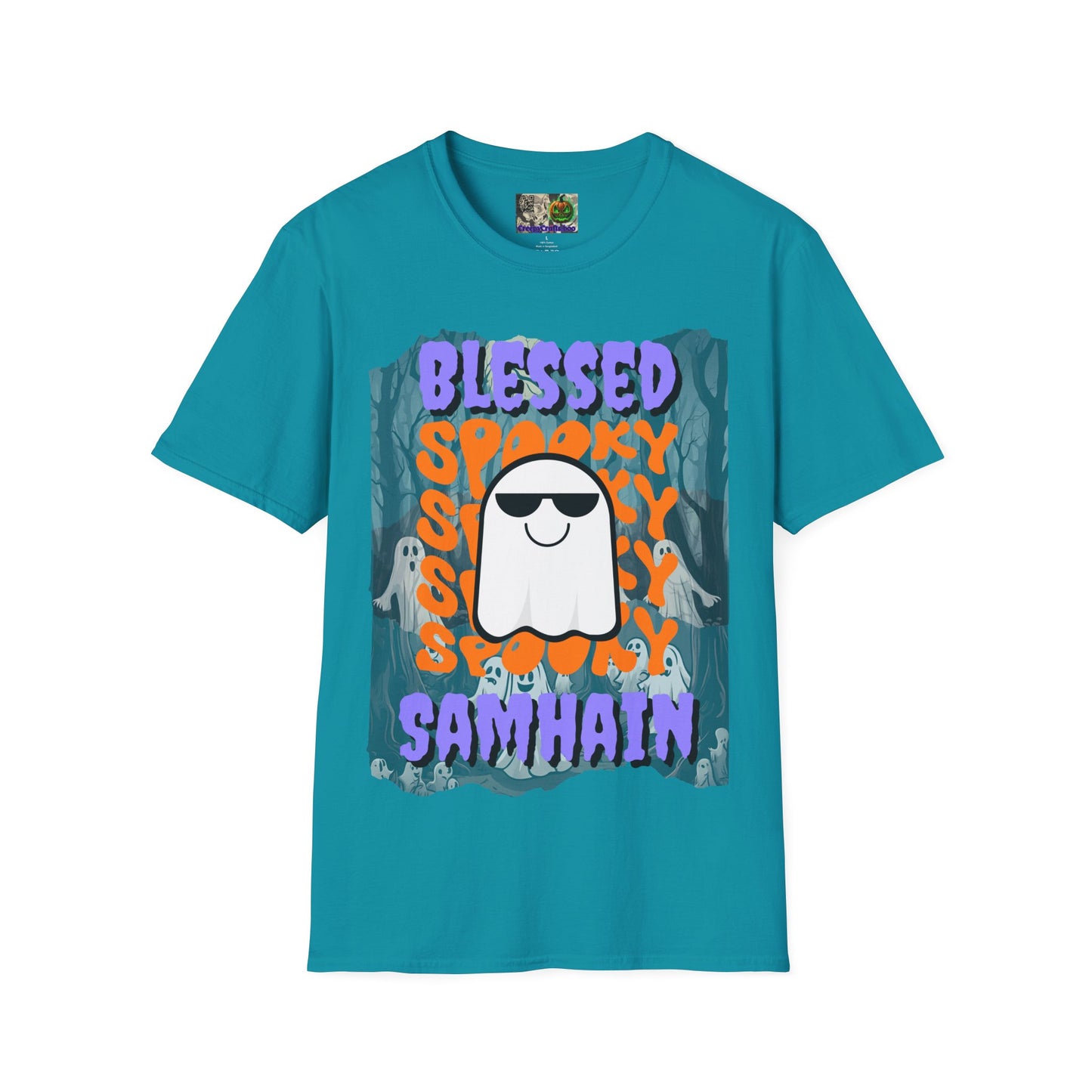 Spooky Blessed Samhain Ghost Purple font Unisex T-Shirt by CreepyCrafts.boo