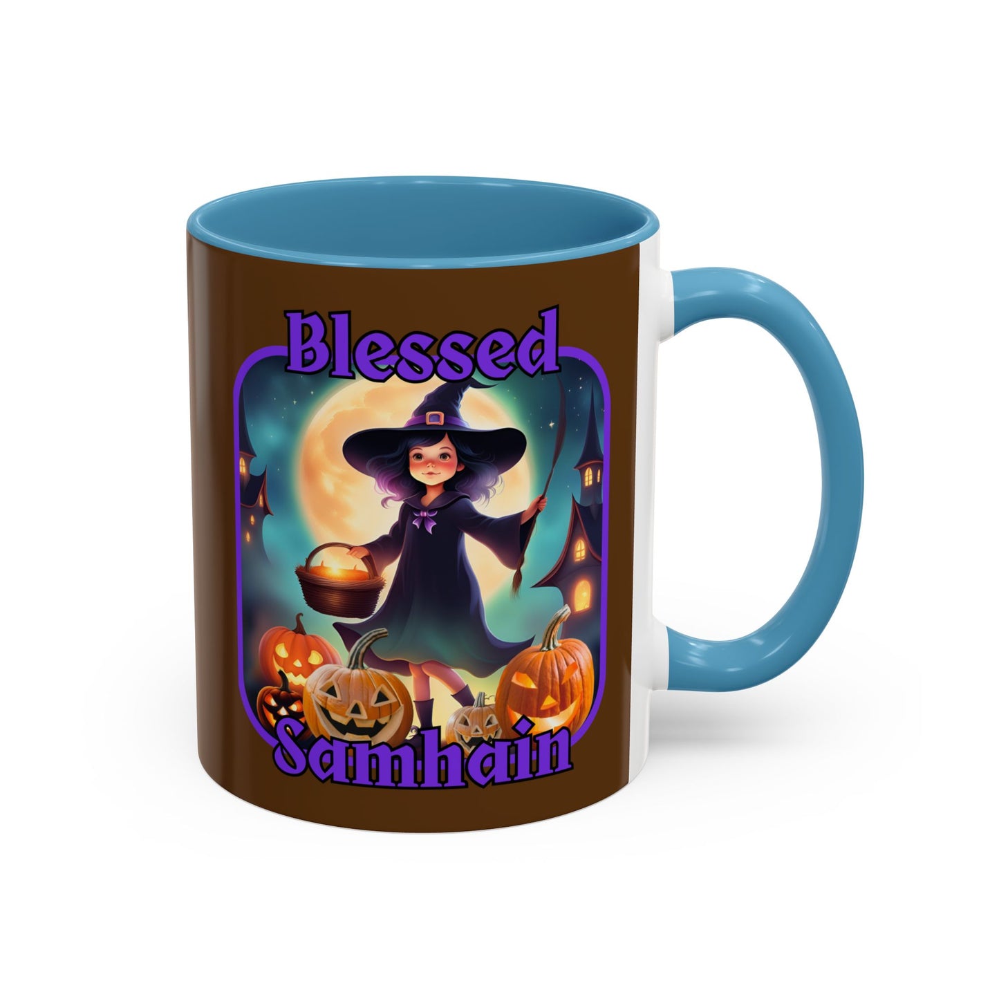 Blessed Samhain Little Witch Purple font Brown Accent Mug by CreepyCrafts.boo