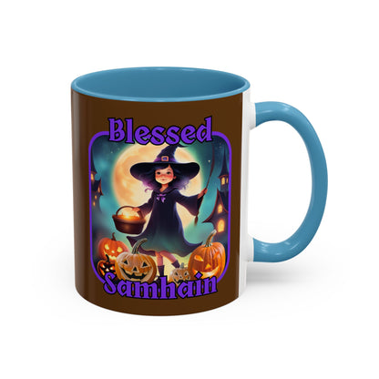 Blessed Samhain Little Witch Purple font Brown Accent Mug by CreepyCrafts.boo