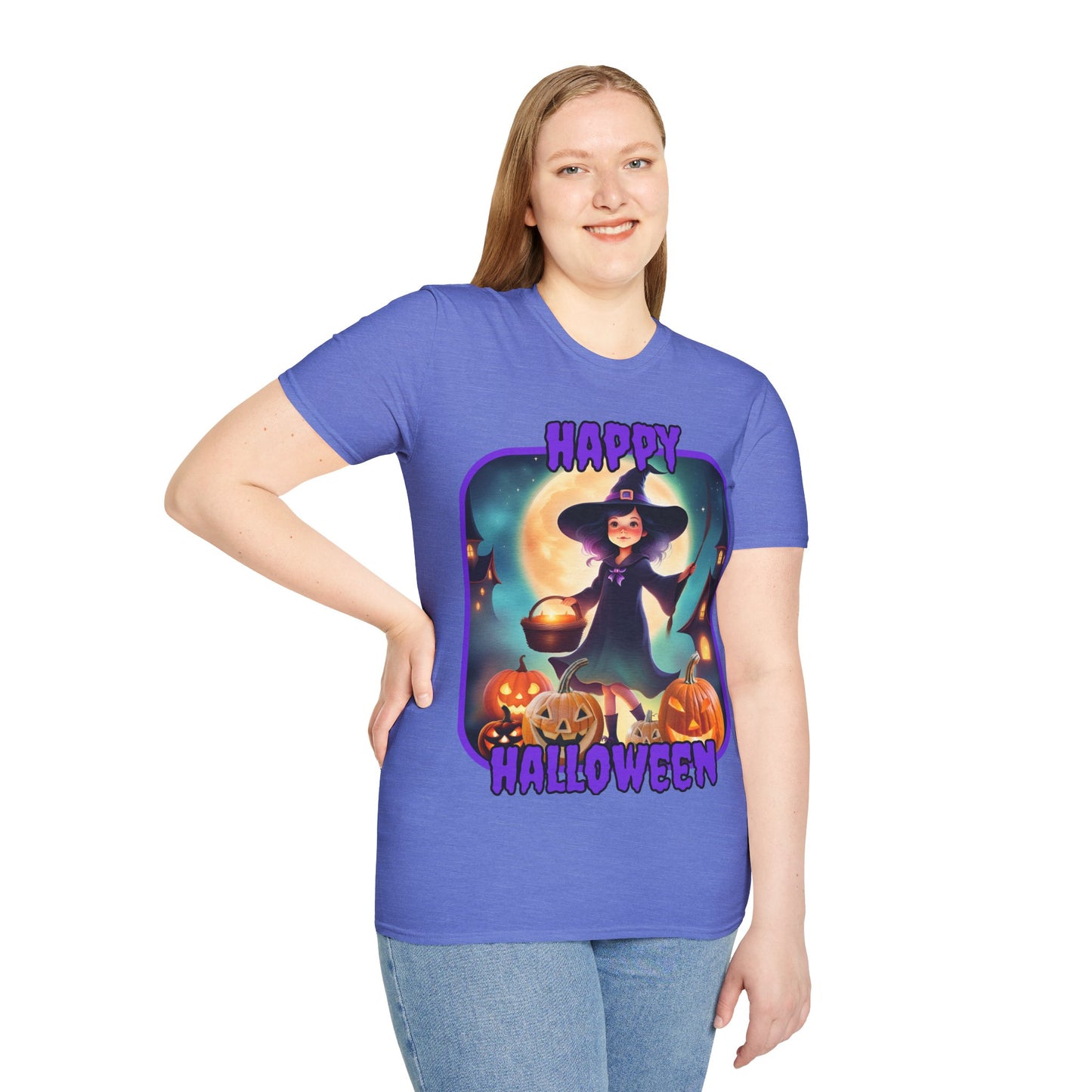 Happy Halloween Little Witch Purple font, Light colors, Unisex T-Shirt by CreepyCrafts.boo