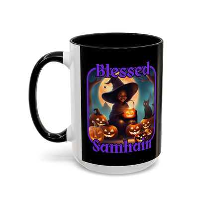 Blessed Samhain Cute Witch Purple font Black Accent Mug by CreepyCrafts.boo