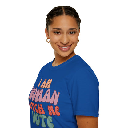 2-sided I Am Woman Watch Me Vote DKcolors Unisex T-Shirt by cypherpunkgear