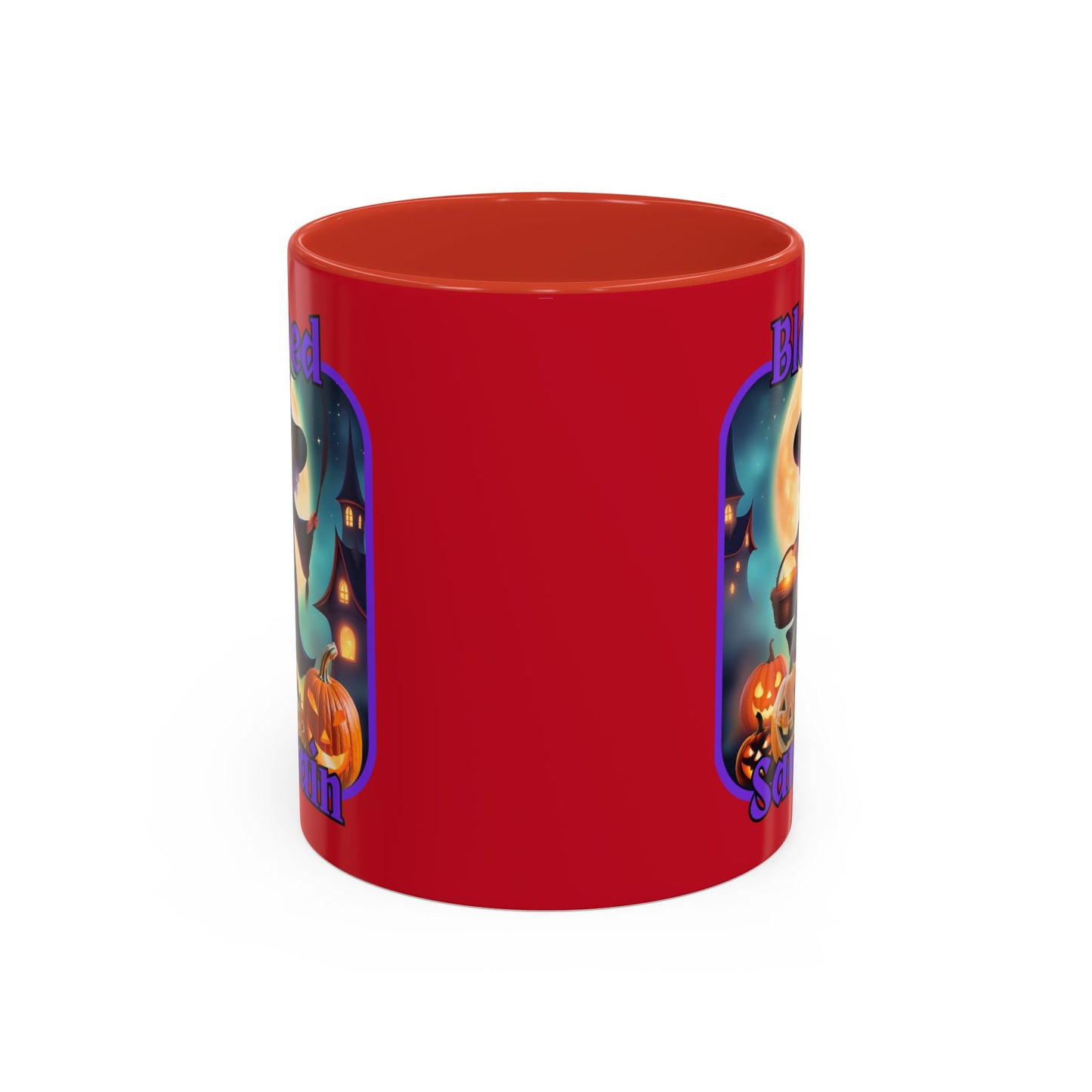 Blessed Samhain Little Witch Purple font Red Accent Mug by CreepyCrafts.boo