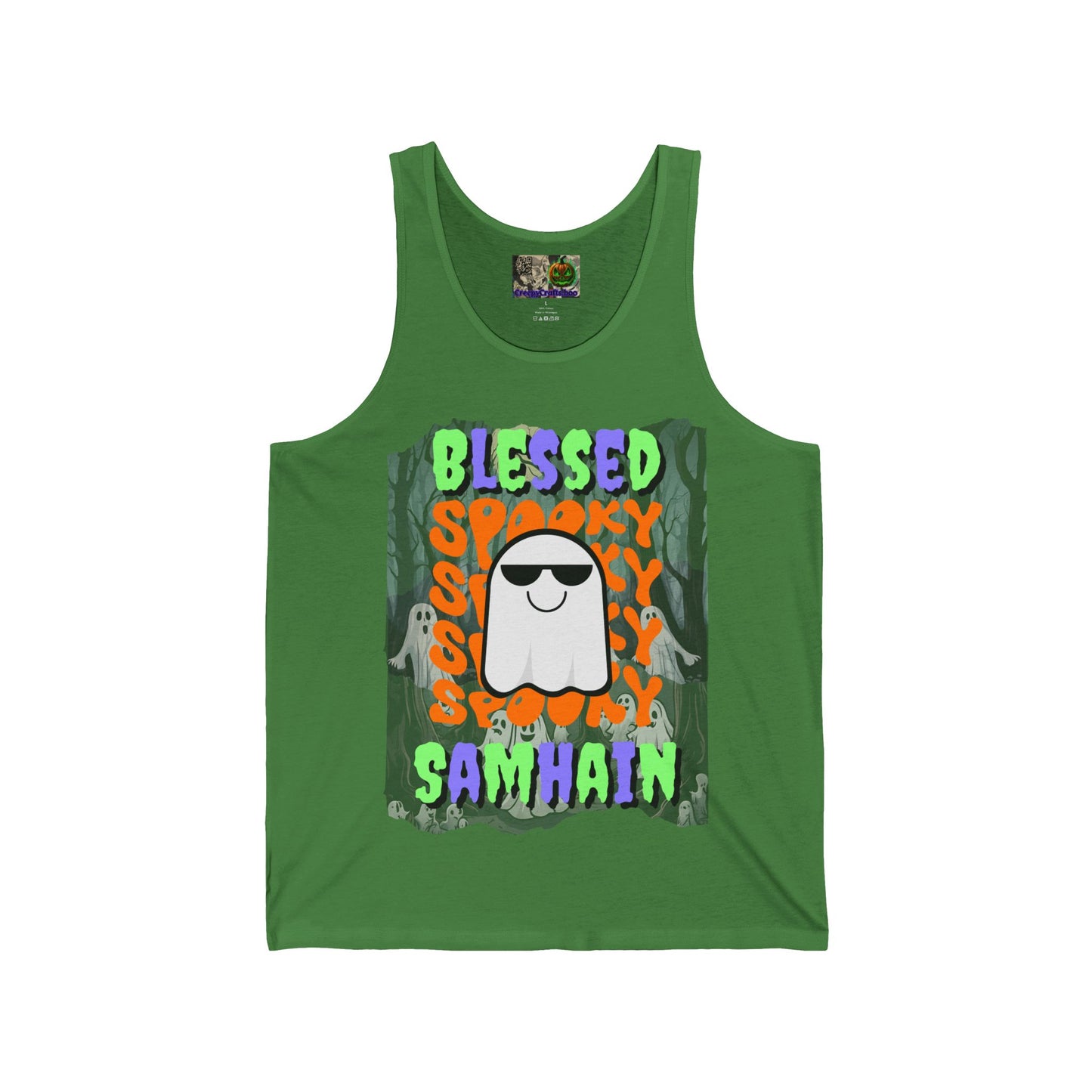 Spooky Blessed Samhain Ghost Mixed font Unisex Jersey Tank Top by CreepyCrafts.boo