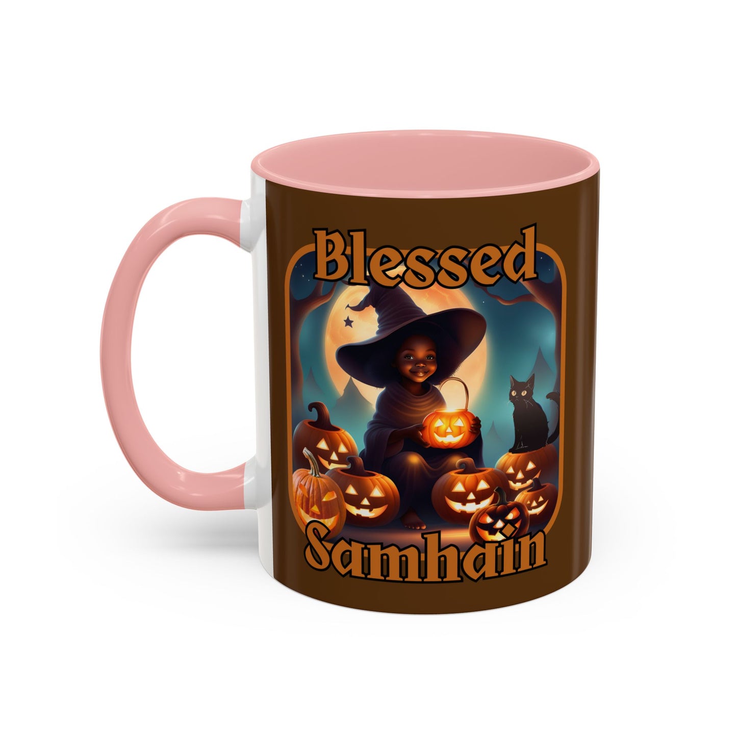 Blessed Samhain Cute Witch Orange font Brown Accent Mug by CreepyCrafts.boo
