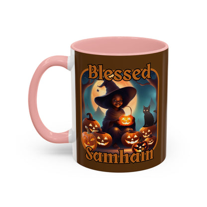 Blessed Samhain Cute Witch Orange font Brown Accent Mug by CreepyCrafts.boo