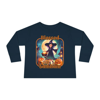 Blessed Samhain Little Witch Orange font Toddler Long Sleeve Tee by CreepyCrafts.boo