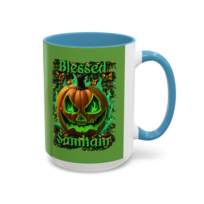 Blessed Samhain Green Jack Green Accent Mug by CreepyCrafts.boo