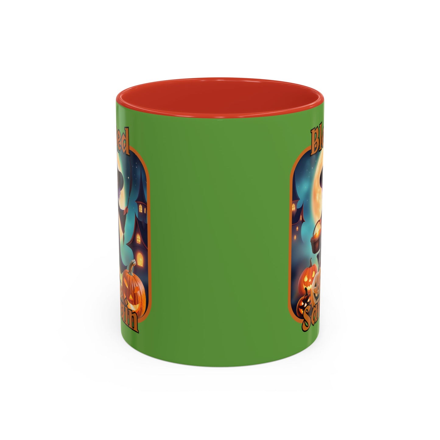 Blessed Samhain Little Witch Orange font Green Accent Mug by CreepyCrafts.boo