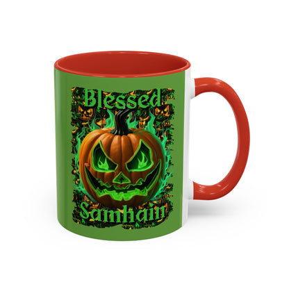 Blessed Samhain Green Jack Green Accent Mug by CreepyCrafts.boo