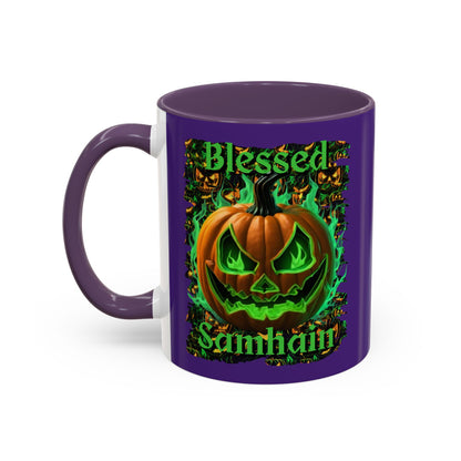 Blessed Samhain Green Jack Purple Accent Mug by CreepyCrafts.boo