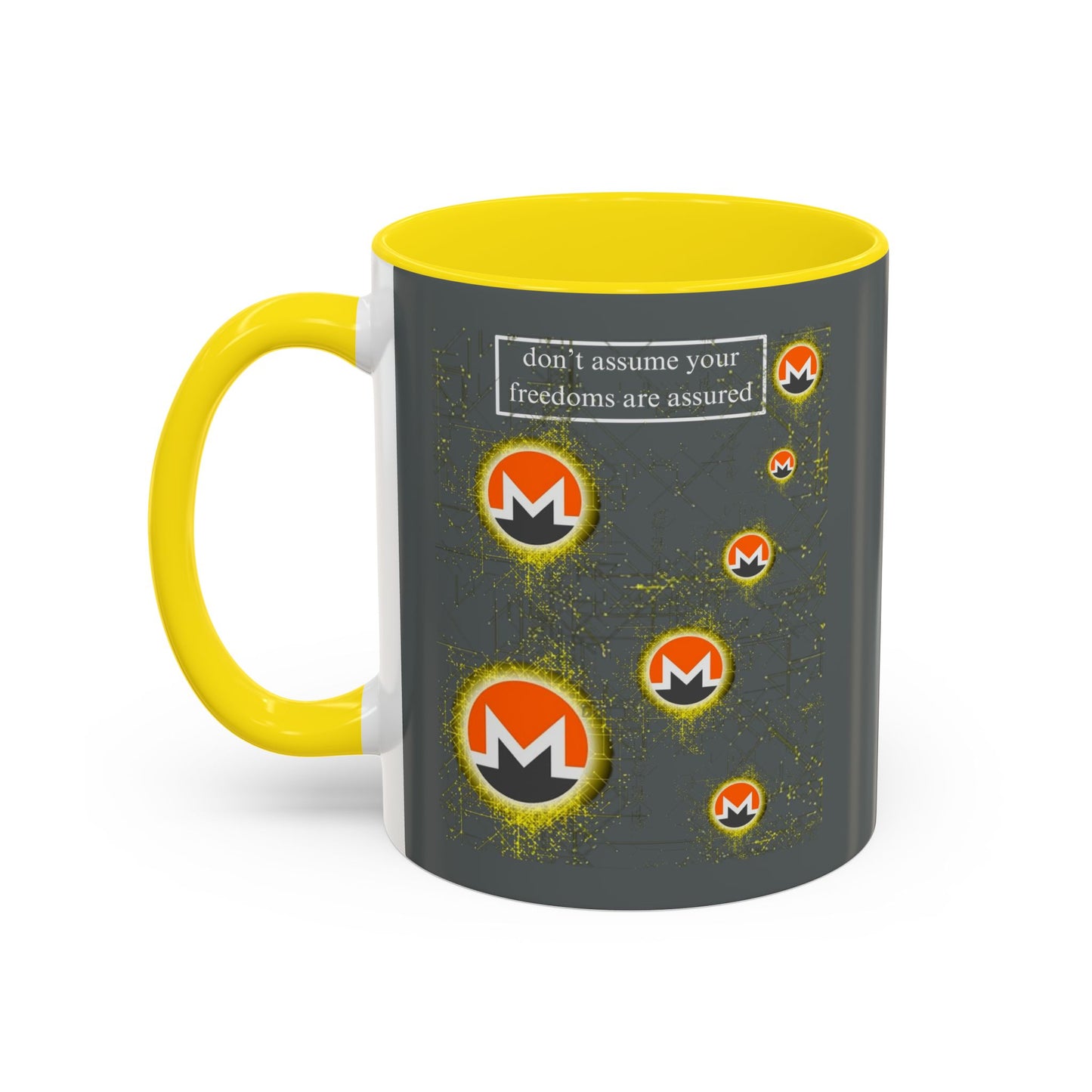 Monero (XMR) don't assume your freedoms are assured Grey Accent Mug by cypherpunkgear.com