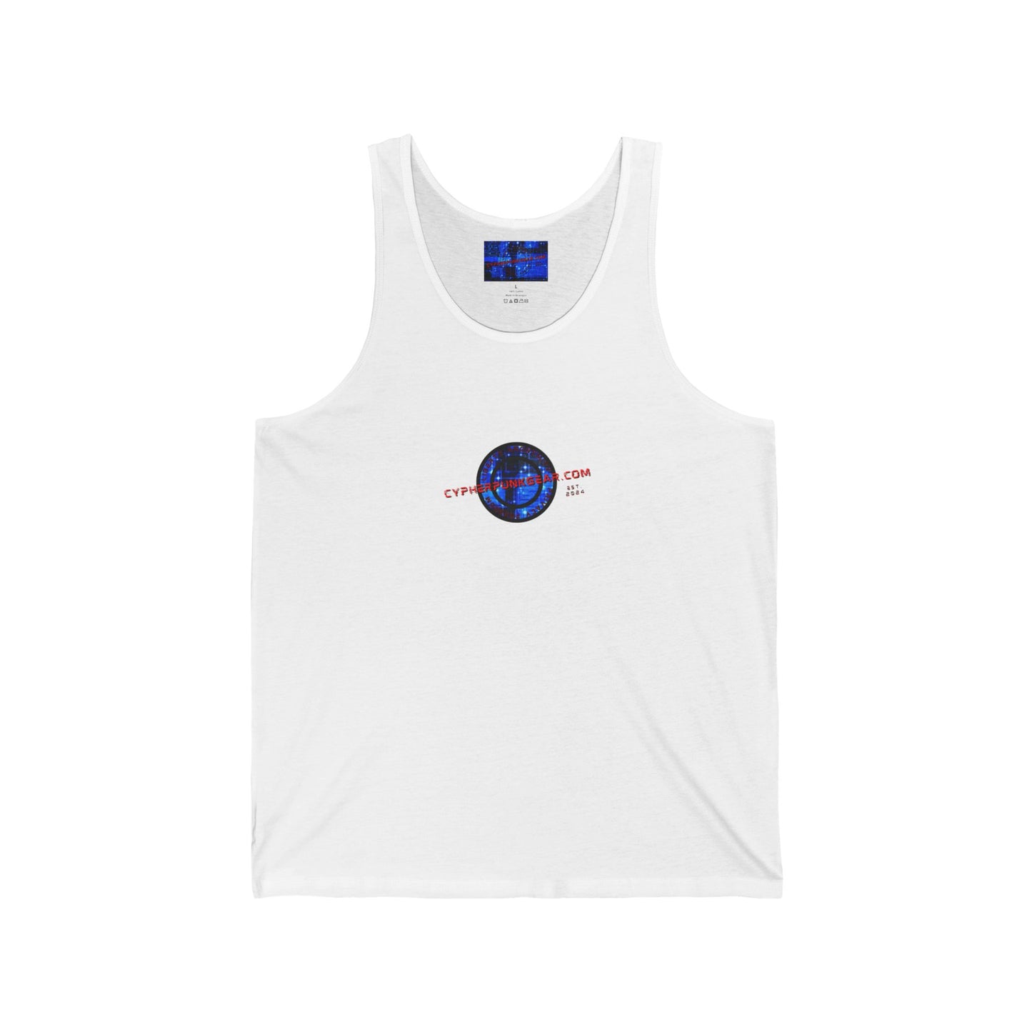 2-sided, cypherpunkgear.com Logo & Cityscape Unisex Jersey Tank Top by cypherpunkgear.com