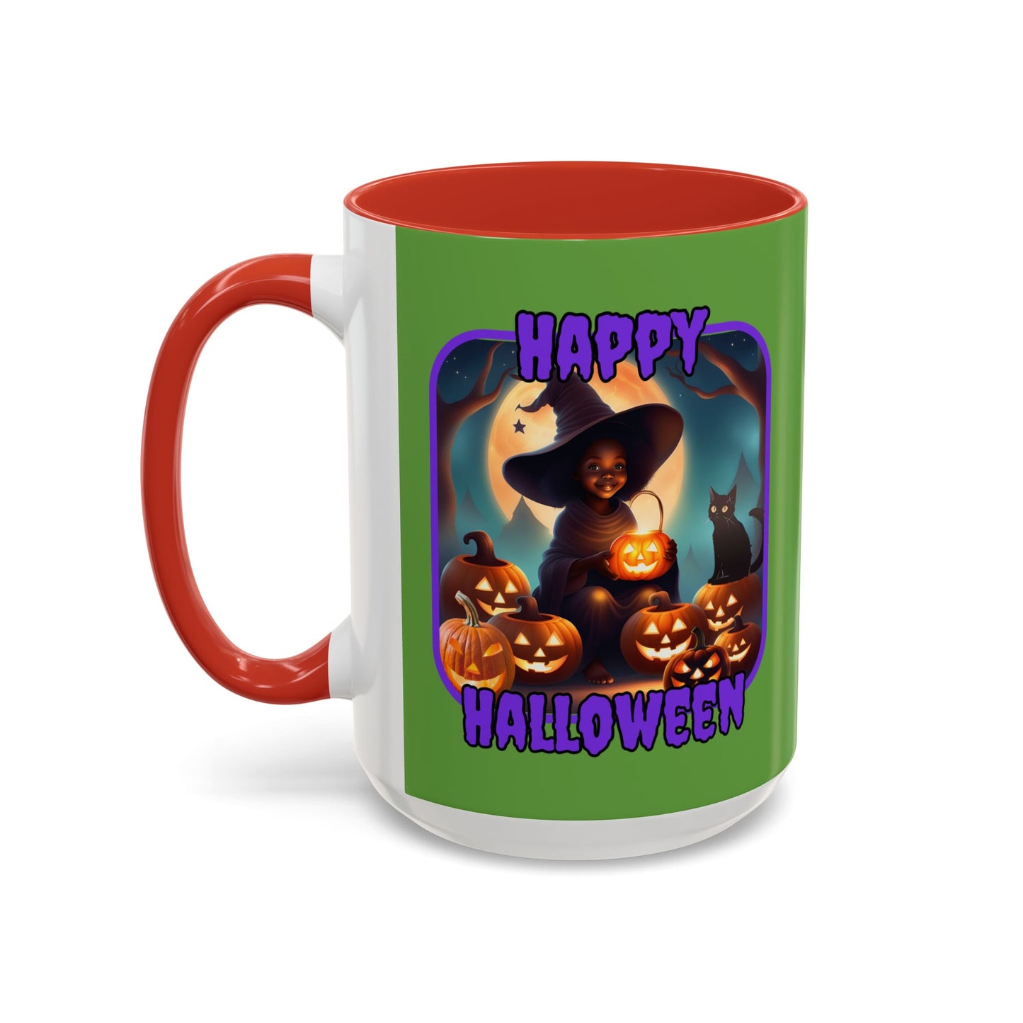 Happy Halloween Cute Witch Purple font Green Accent Mug by CreepyCrafts.boo
