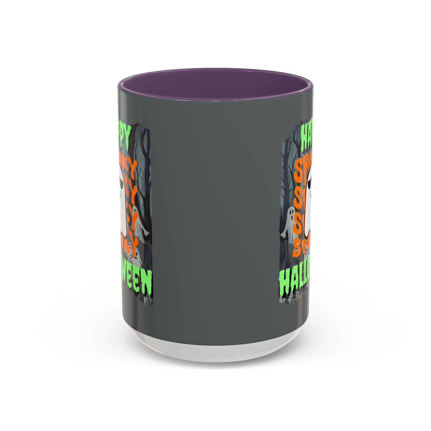 Spooky Happy Halloween Ghost Green font Grey Accent Mug by CreepyCrafts.boo
