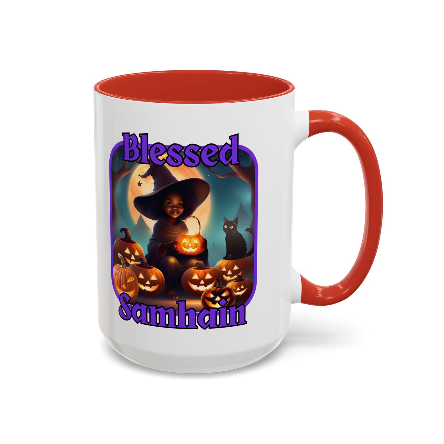 Blessed Samhain Cute Witch Purple font White Accent Mug by CreepyCrafts.boo