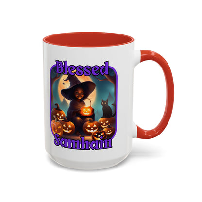Blessed Samhain Cute Witch Purple font White Accent Mug by CreepyCrafts.boo