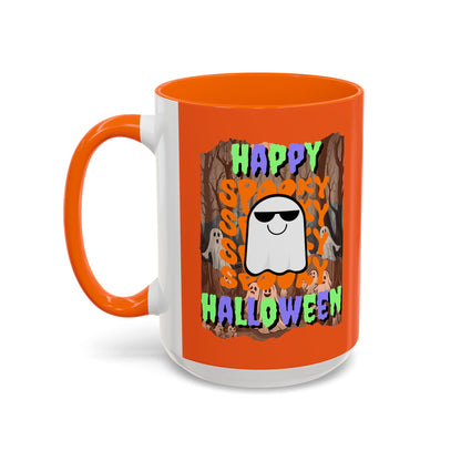 Spooky Happy Halloween Ghost Mixed font Orange Accent Mug by CreepyCrafts.boo