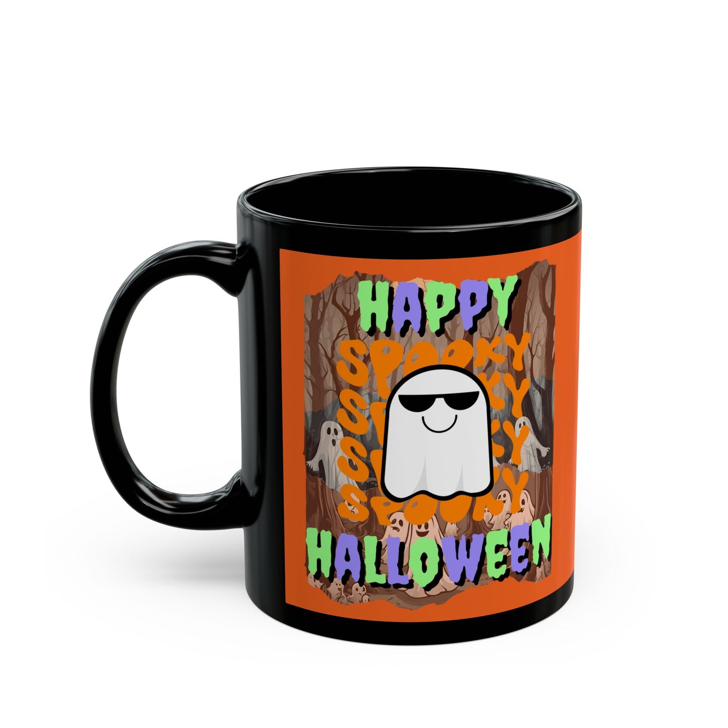 Spooky Happy Halloween Ghost Mixed font Orange Mug by CreepyCrafts.boo