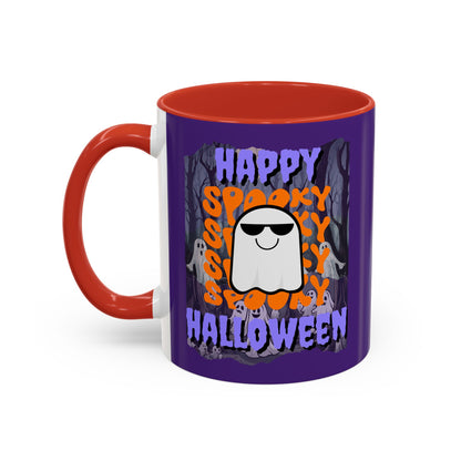 Spooky Happy Halloween Ghost Purple font Purple Accent Mug by CreepyCrafts.boo