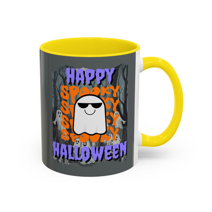 Spooky Happy Halloween Ghost Purple font Grey Accent Mug by CreepyCrafts.boo