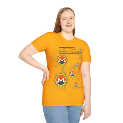 Monero (XMR) don't assume your freedoms are assured Light colors Unisex T-Shirt by cypherpunkgear.com