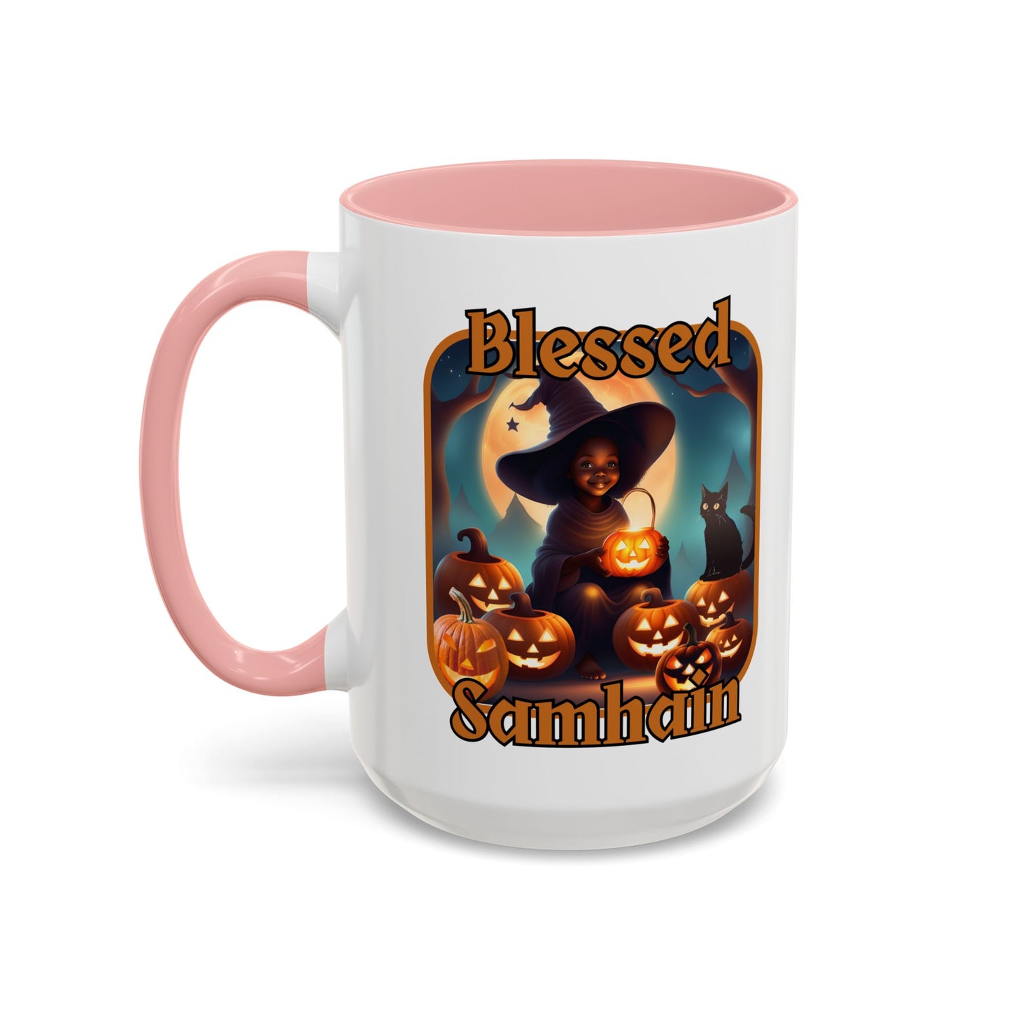Blessed Samhain Cute Witch Orange font White Accent Mug by CreepyCrafts.boo