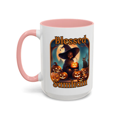 Blessed Samhain Cute Witch Orange font White Accent Mug by CreepyCrafts.boo