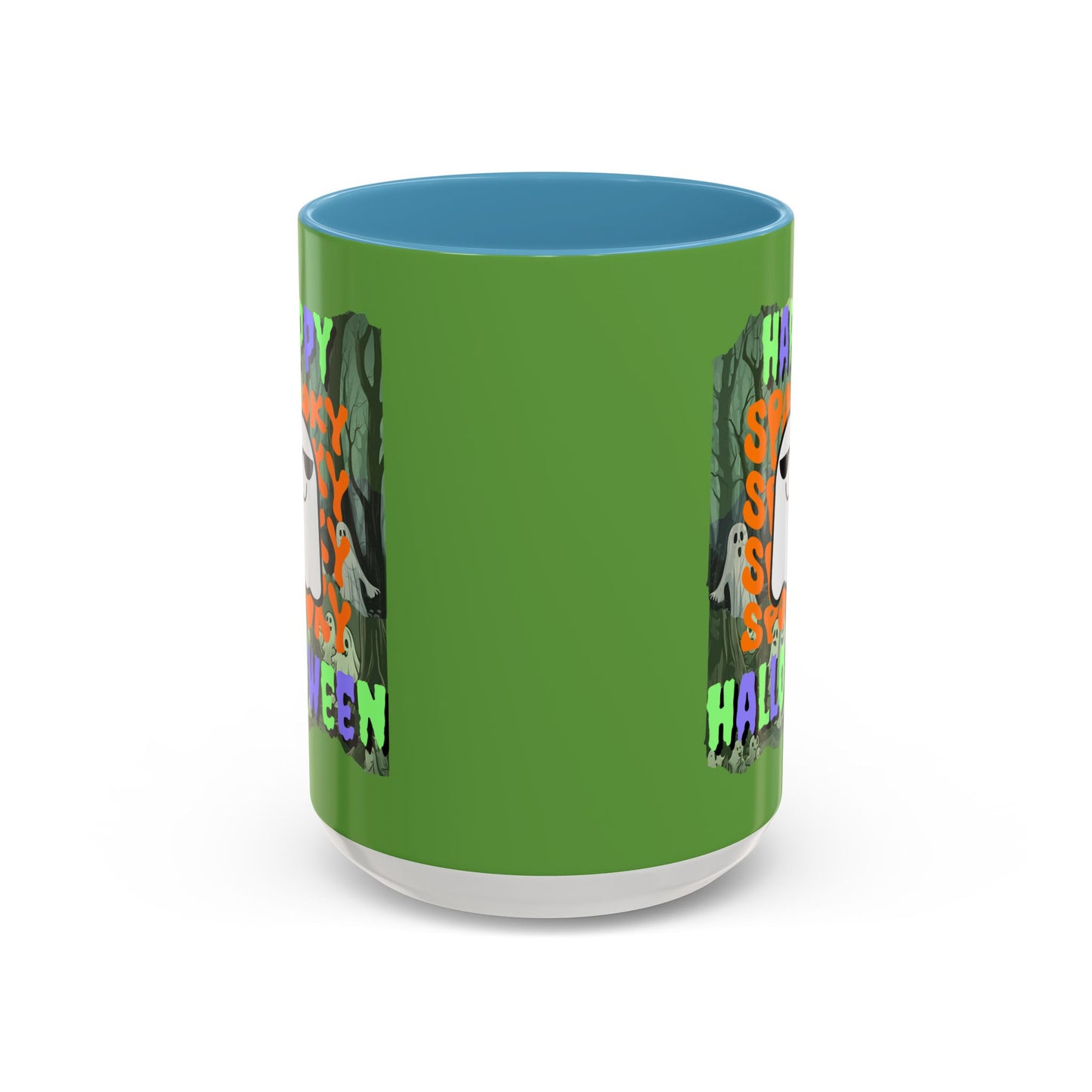 Spooky Happy Halloween Ghost Mixed font Green Accent Mug by CreepyCrafts.boo