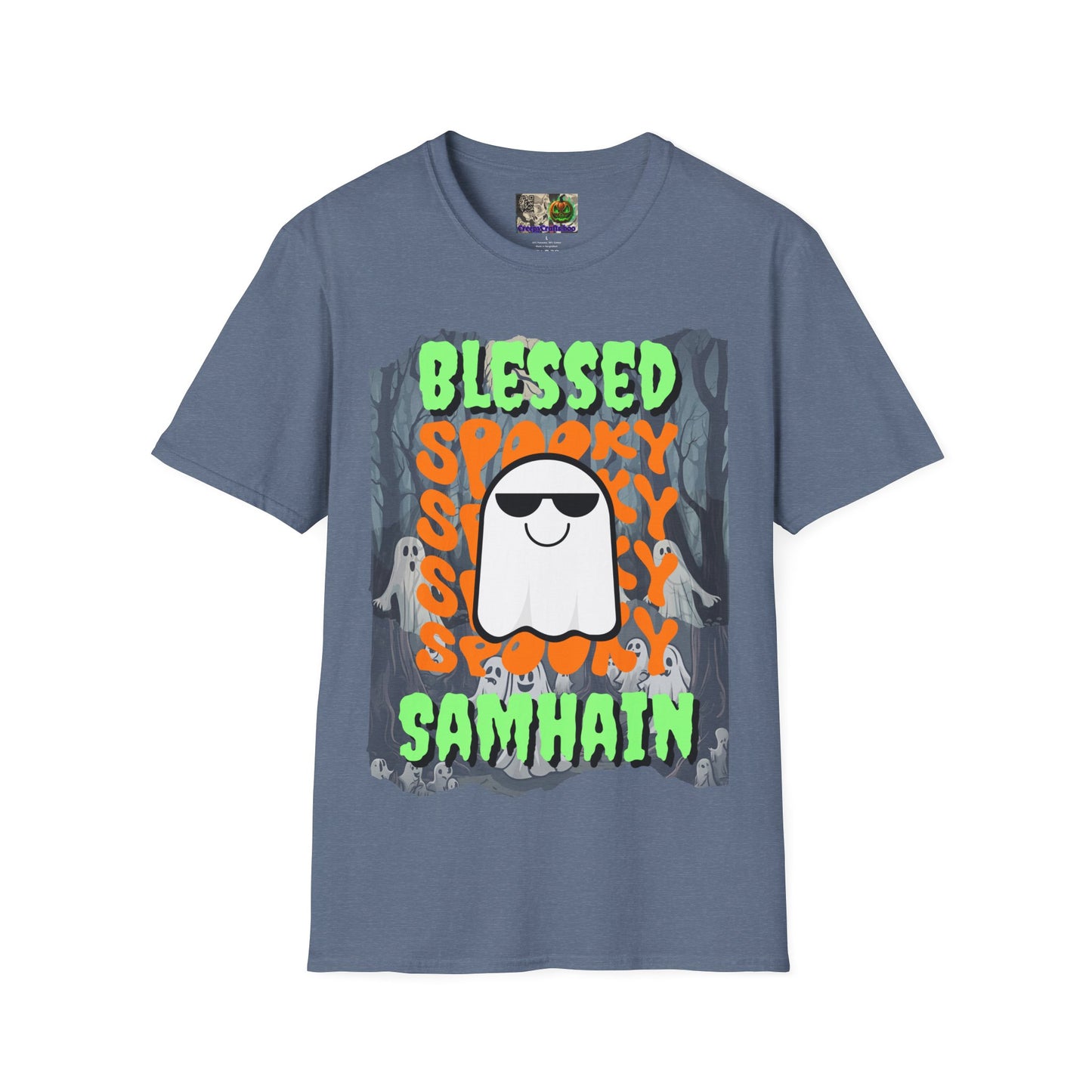 Spooky Blessed Samhain Ghost Green font Unisex T-Shirt by CreepyCrafts.boo