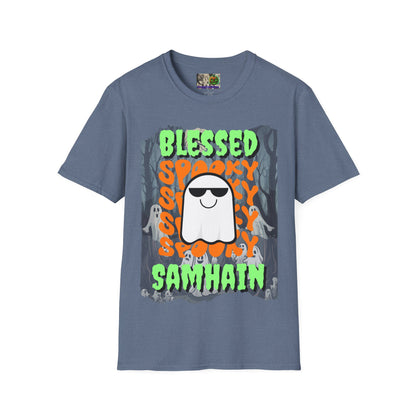 Spooky Blessed Samhain Ghost Green font Unisex T-Shirt by CreepyCrafts.boo