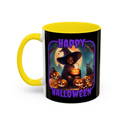 Happy Halloween Cute Witch Purple font Black Accent Mug by CreepyCrafts.boo