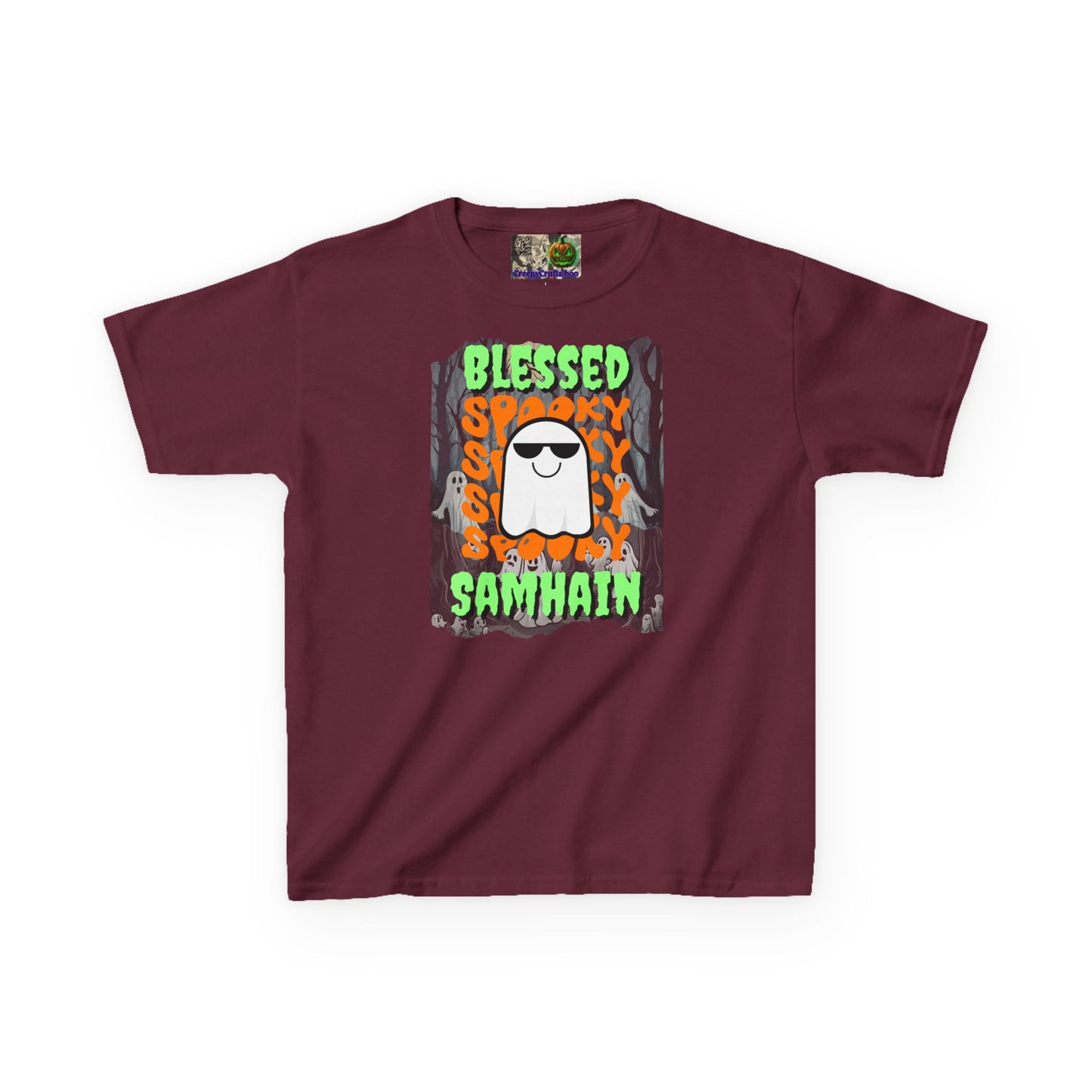 Spooky Blessed Samhain Ghost Green font Kids Heavy Cotton™ Tee by CreepyCrafts.boo