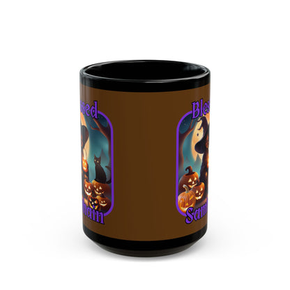 Blessed Samhain Cute Witch Purple font Brown Mug by CreepyCrafts.boo