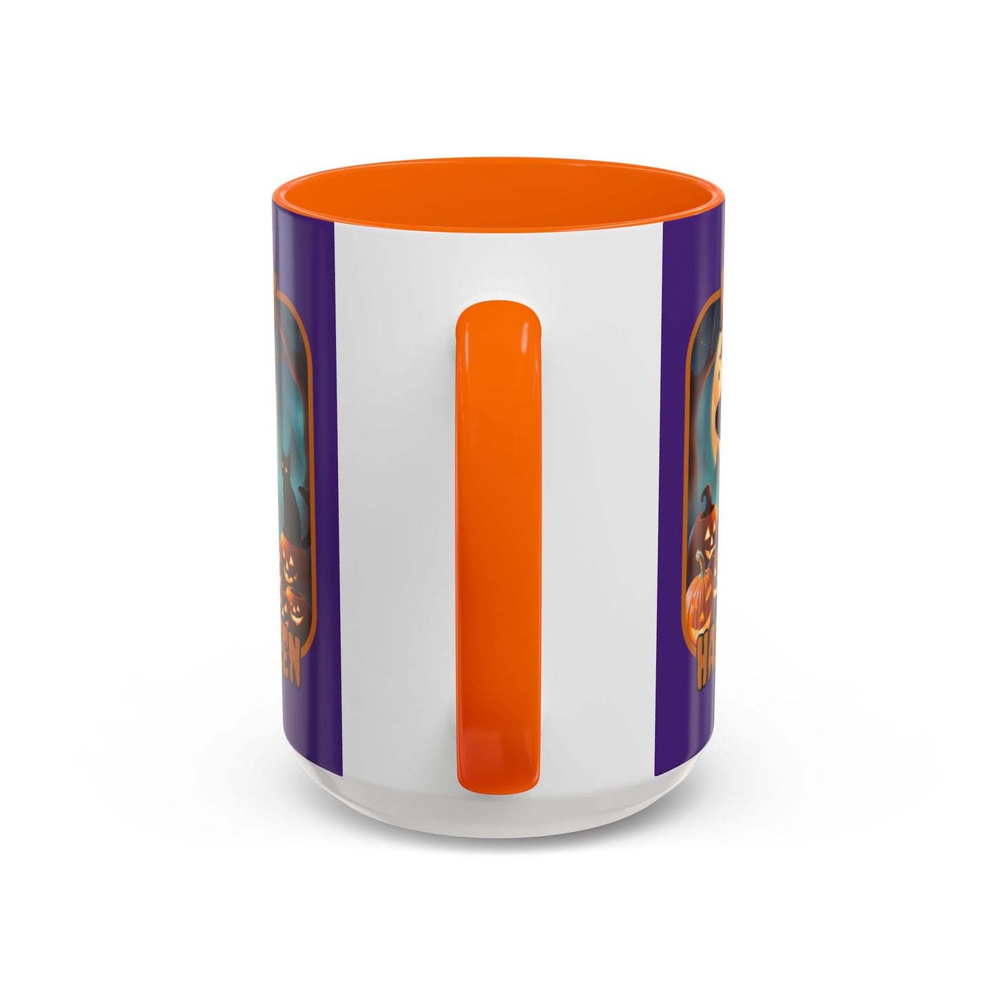 Happy Halloween Cute Witch Orange font Purple Accent Mug by CreepyCrafts.boo