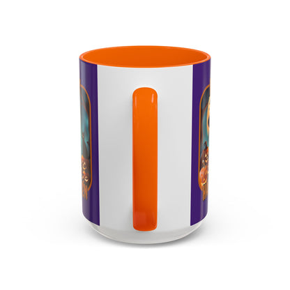 Happy Halloween Cute Witch Orange font Purple Accent Mug by CreepyCrafts.boo