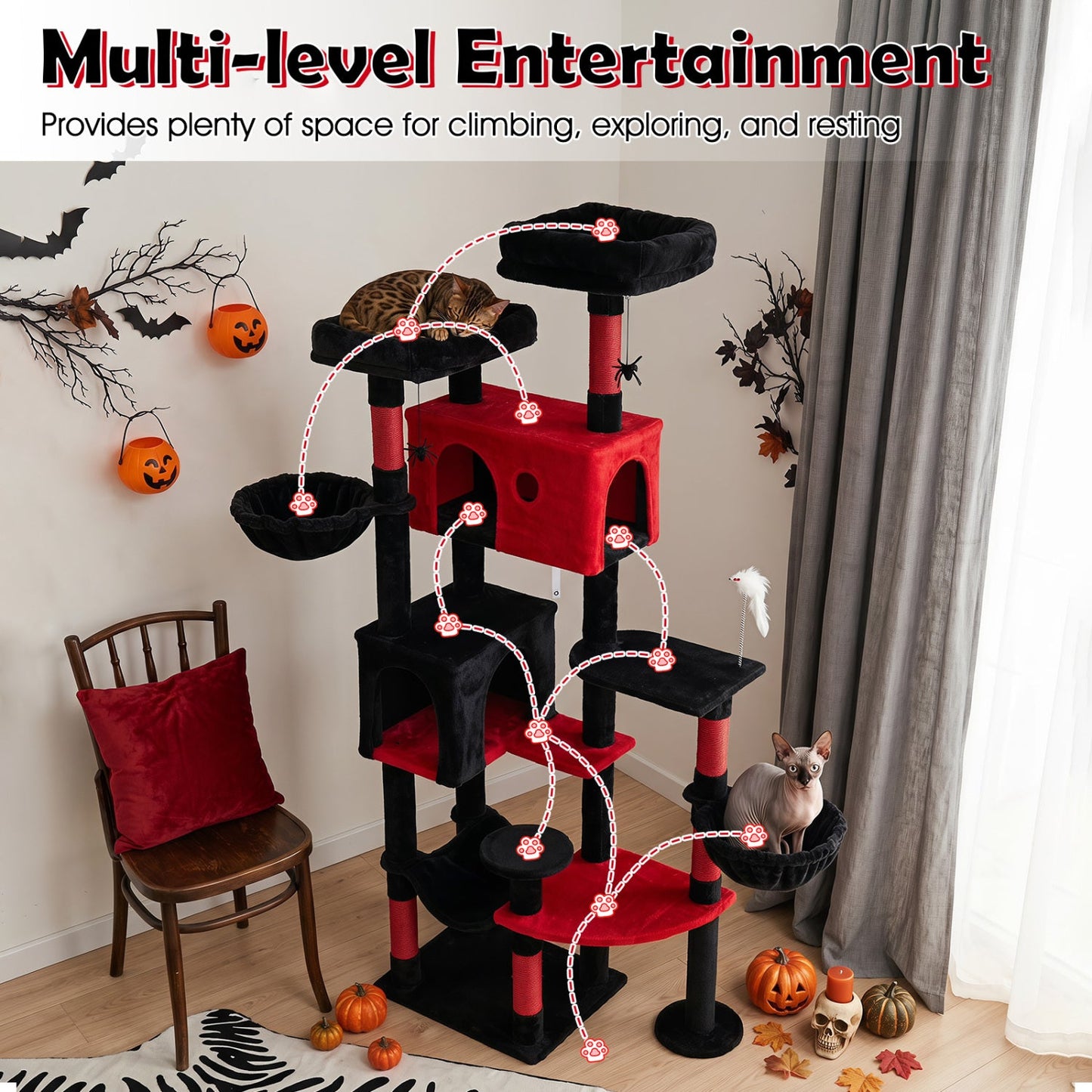 Gothic Cat Tree 75 Inch with Dual Perches and Houses
