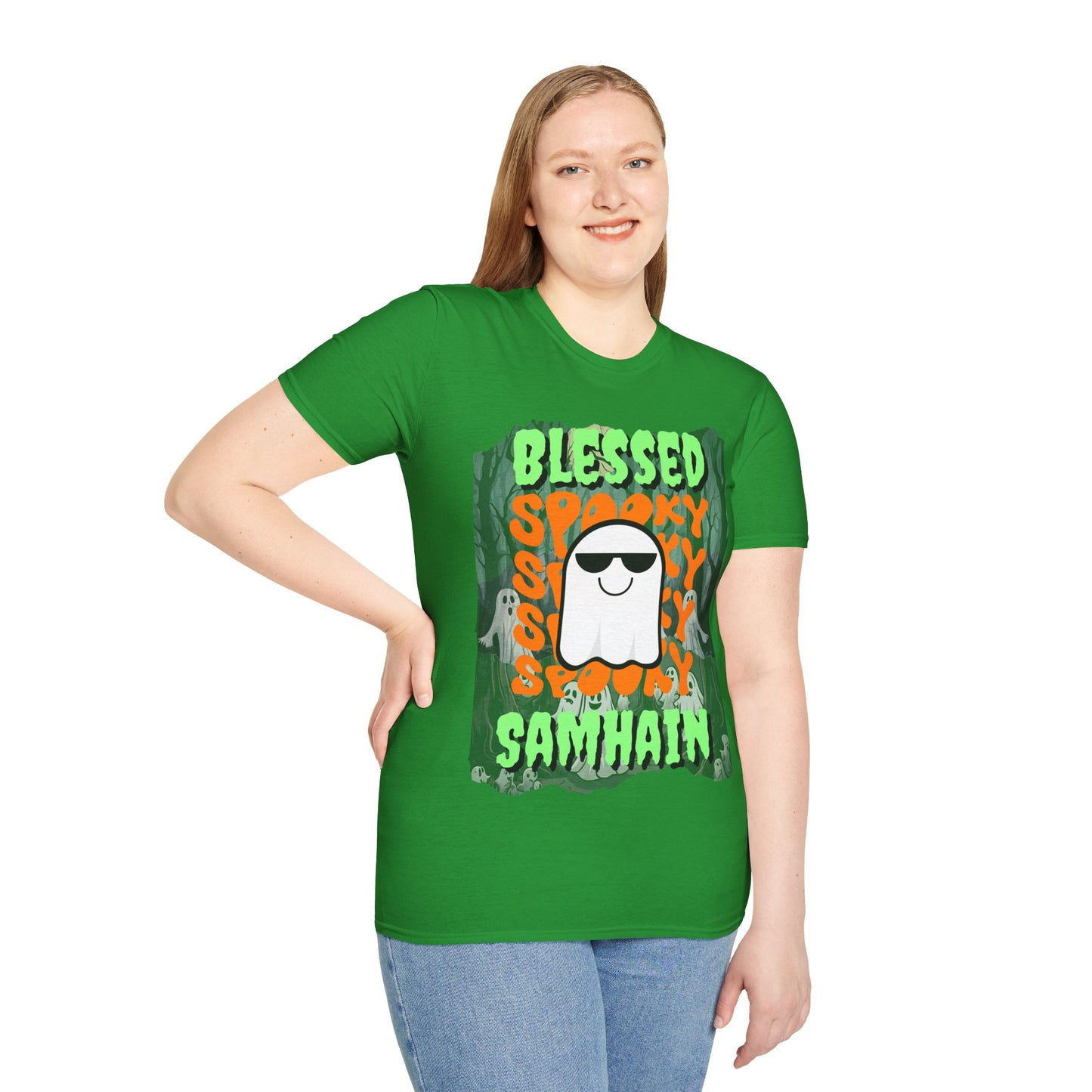 Spooky Blessed Samhain Ghost Green font Unisex T-Shirt by CreepyCrafts.boo