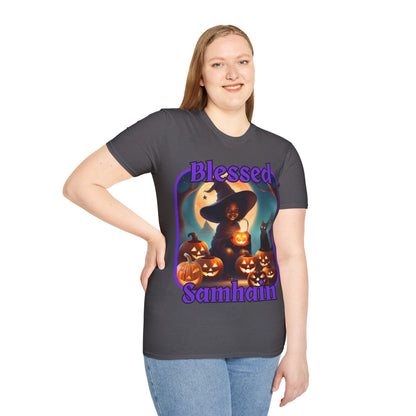 Blessed Samhain Cute Witch Purple font Dark colors Unisex T-Shirt by CreepyCrafts.boo