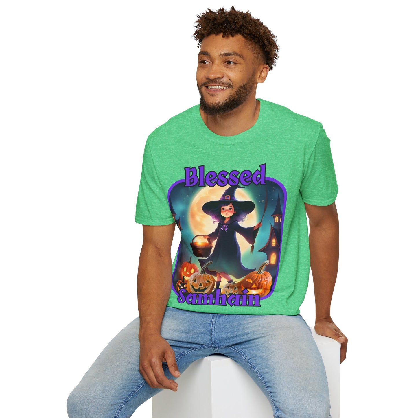Blessed Samhain Little Witch Purple font Dark colors Unisex T-Shirt by CreepyCrafts.boo