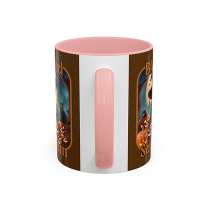 Blessed Samhain Cute Witch Orange font Brown Accent Mug by CreepyCrafts.boo