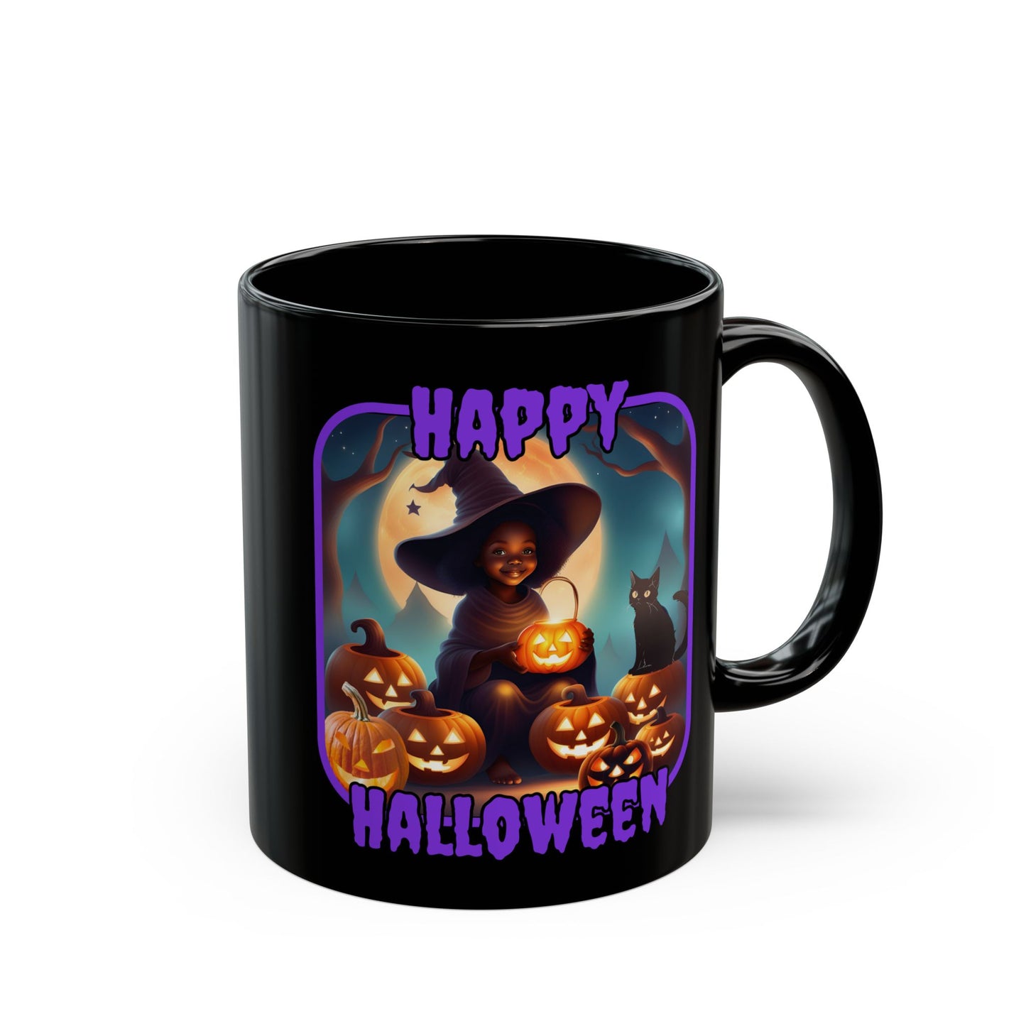Happy Halloween Cute Witch Purple font Black Mug by CreepyCrafts.boo