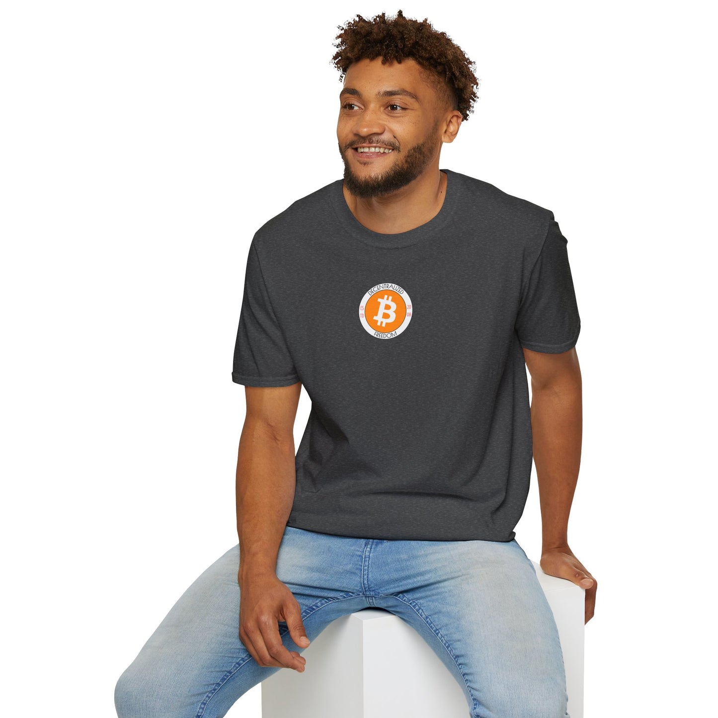 2-sided, Bitcoin (BTC) Decentralized Freedom Dark colors Unisex T-Shirt by cypherpunkgear.com