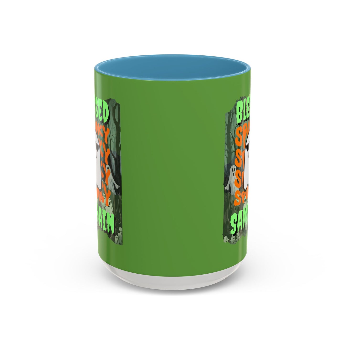 Spooky Blessed Samhain Ghost Green font Accent Mug by CreepyCrafts.boo