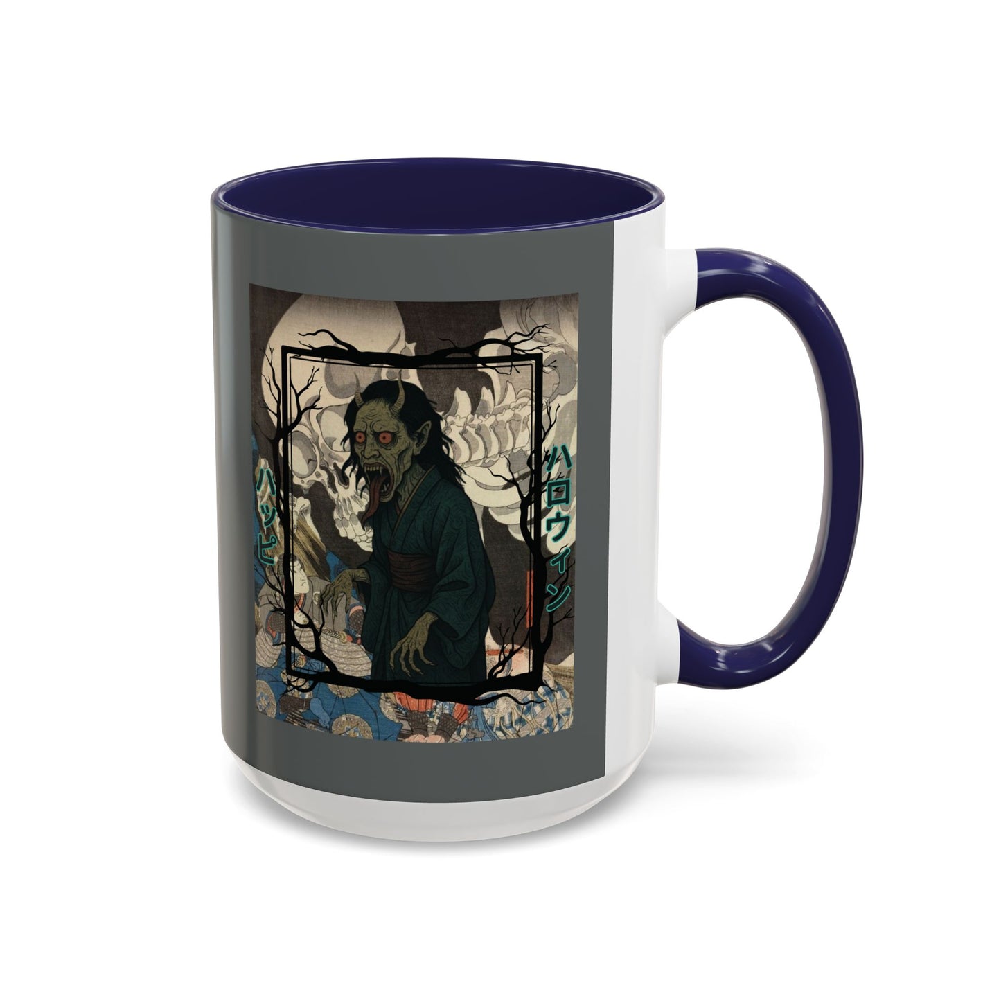 Yōkai Happy Halloween Grey Accent Mug by CreepyCrafts.boo
