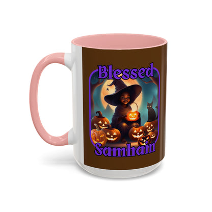 Blessed Samhain Cute Witch Purple font Brown Accent Mug by CreepyCrafts.boo