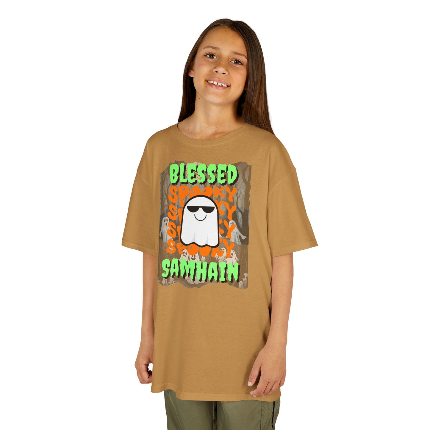 Spooky Blessed Samhain Ghost Green font Kids Heavy Cotton™ Tee by CreepyCrafts.boo